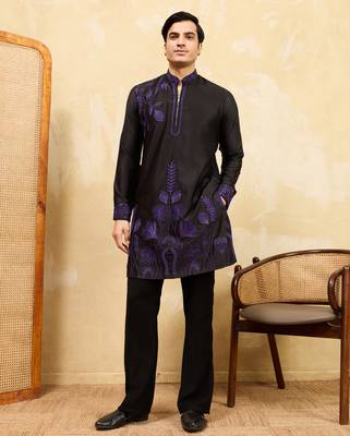 Black khadi silk multi thread & sequence embroidered work kurta 1