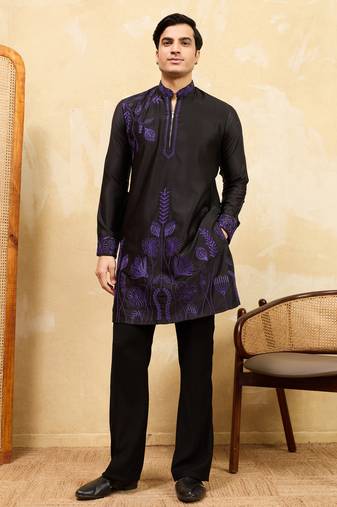 Black khadi silk multi thread & sequence embroidered work kurta