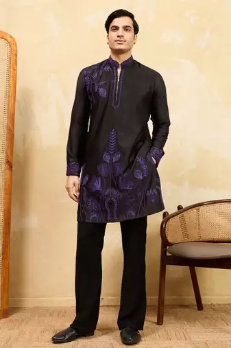 Black khadi silk multi thread & sequence embroidered work kurta