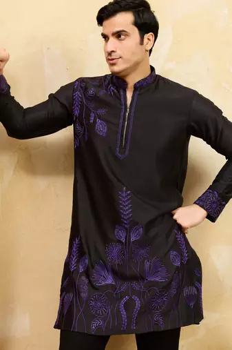 Black khadi silk multi thread & sequence embroidered work kurta