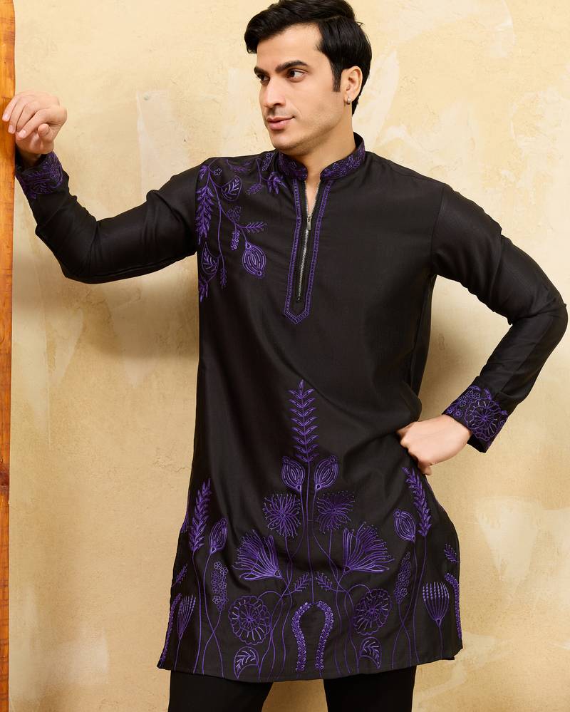 Black khadi silk multi thread & sequence embroidered work kurta