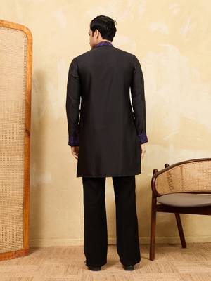 Black khadi silk multi thread & sequence embroidered work kurta 3