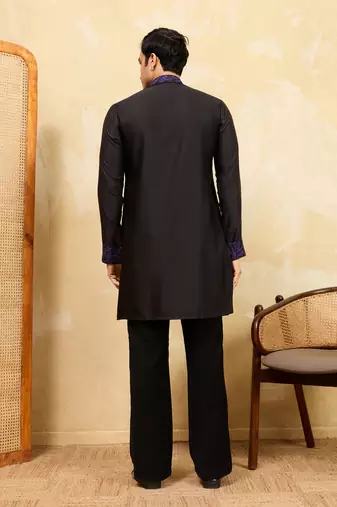 Black khadi silk multi thread & sequence embroidered work kurta
