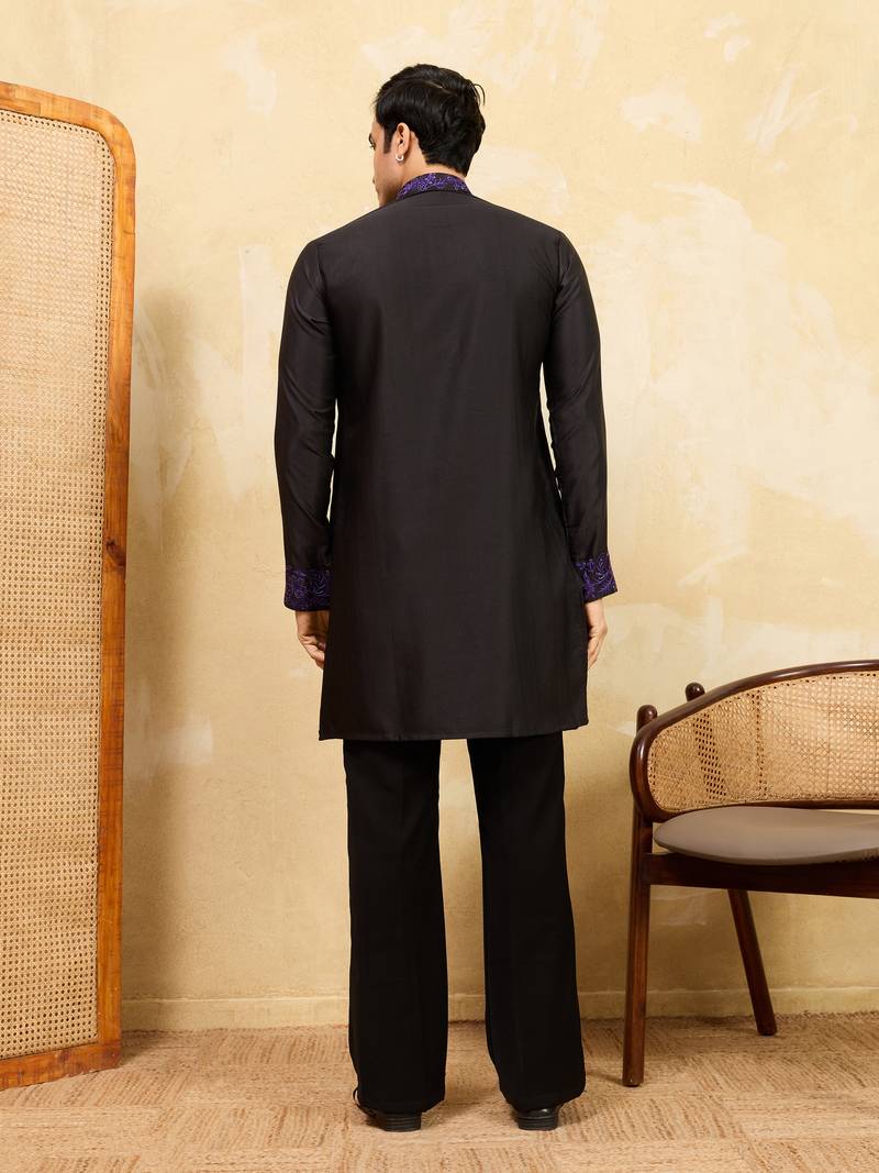 Black khadi silk multi thread & sequence embroidered work kurta