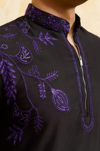 Black khadi silk multi thread & sequence embroidered work kurta