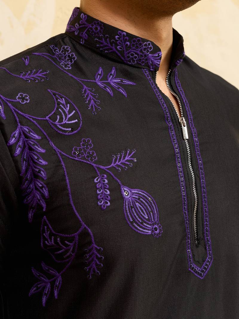 Black khadi silk multi thread & sequence embroidered work kurta