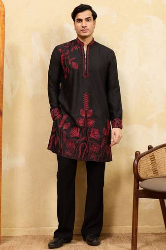 Black khadi silk multi thread & sequence embroidered work kurta