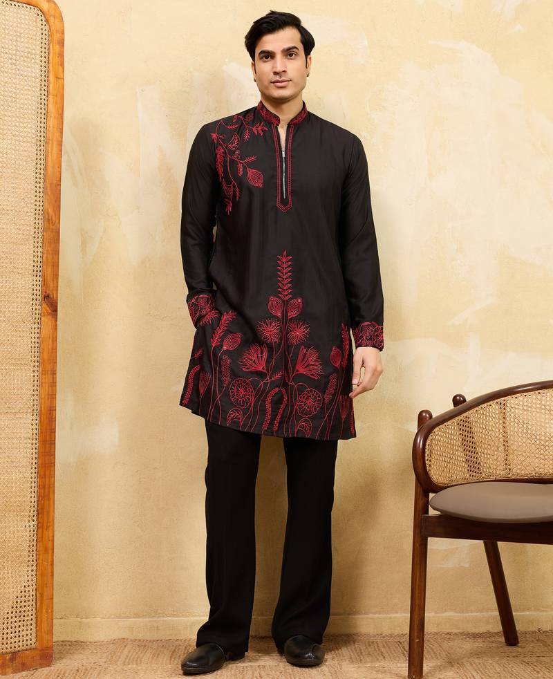 Black khadi silk multi thread & sequence embroidered work kurta