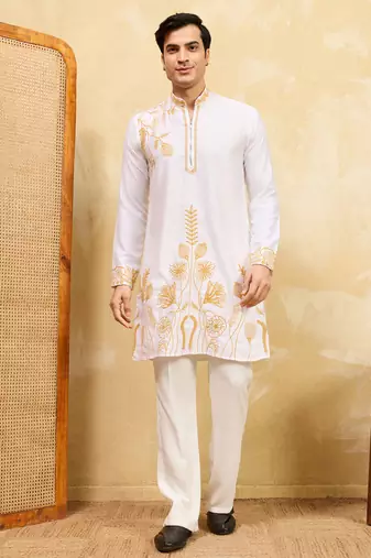 White khadi silk multi thread & sequence embroidered work kurta