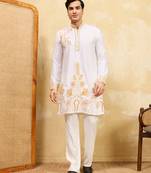 White khadi silk multi thread & sequence embroidered work kurta
