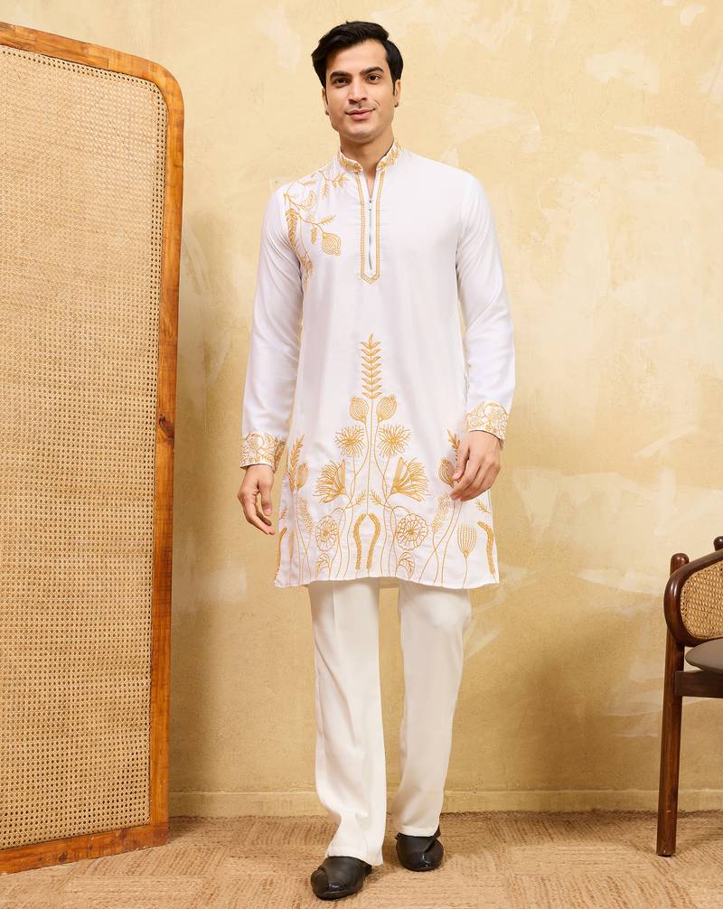 White khadi silk multi thread & sequence embroidered work kurta