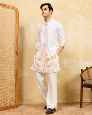White khadi silk multi thread & sequence embroidered work kurta 2