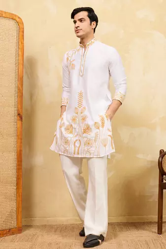 White khadi silk multi thread & sequence embroidered work kurta