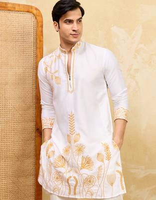 White khadi silk multi thread & sequence embroidered work kurta 3