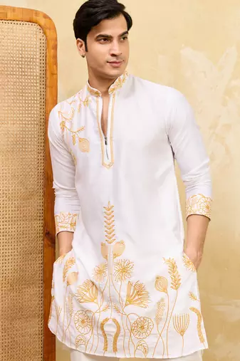 White khadi silk multi thread & sequence embroidered work kurta