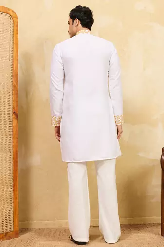 White khadi silk multi thread & sequence embroidered work kurta