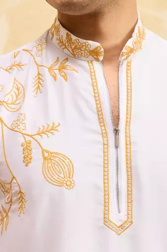 White khadi silk multi thread & sequence embroidered work kurta