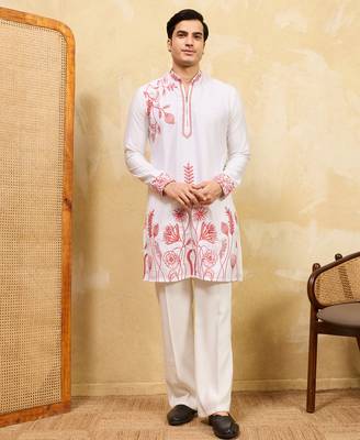 White khadi silk multi thread & sequence embroidered work kurta 1