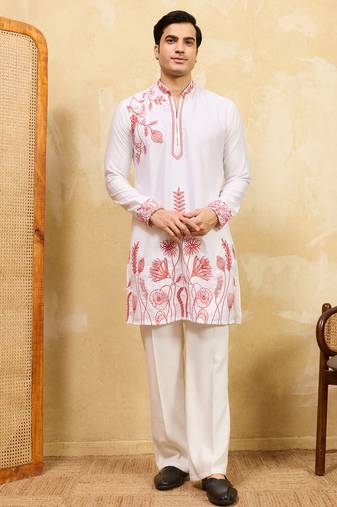 White khadi silk multi thread & sequence embroidered work kurta