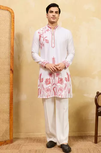 White khadi silk multi thread & sequence embroidered work kurta