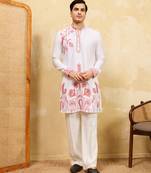 White khadi silk multi thread & sequence embroidered work kurta
