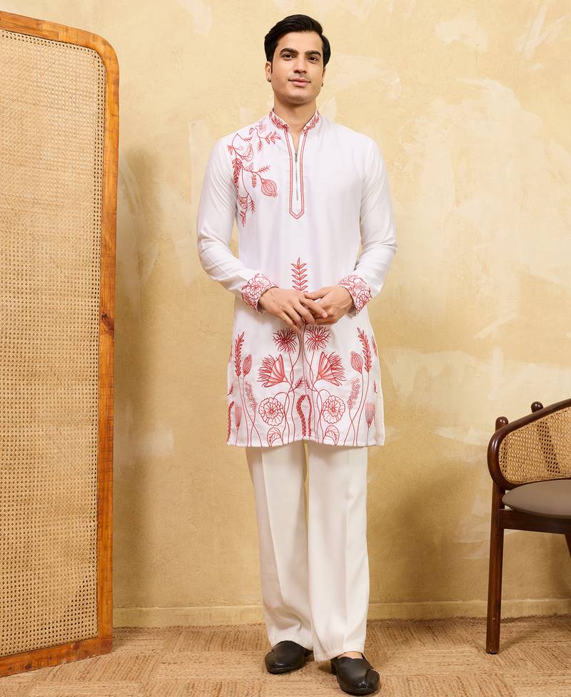 White khadi silk multi thread & sequence embroidered work kurta