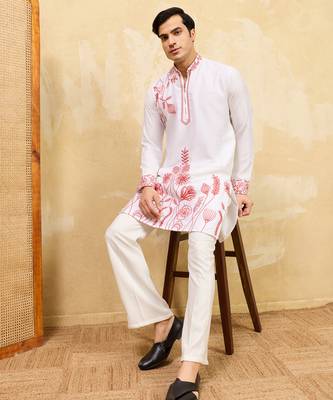 White khadi silk multi thread & sequence embroidered work kurta 2