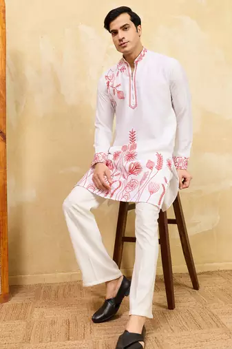 White khadi silk multi thread & sequence embroidered work kurta