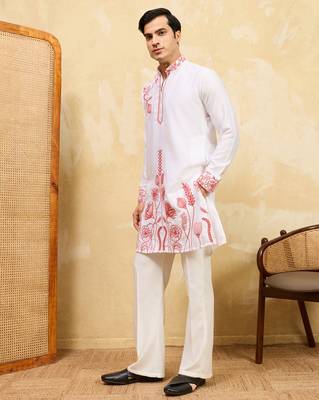 White khadi silk multi thread & sequence embroidered work kurta 3