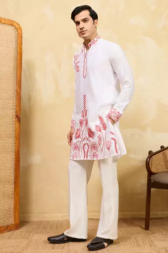 White khadi silk multi thread & sequence embroidered work kurta