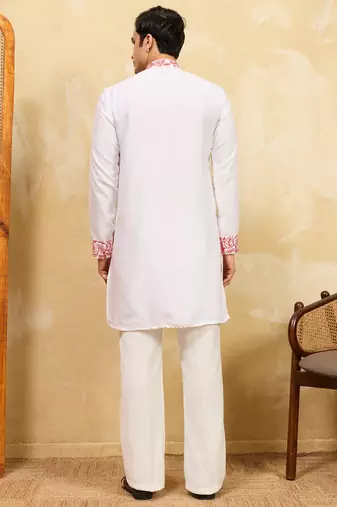 White khadi silk multi thread & sequence embroidered work kurta