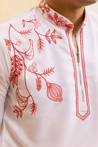 White khadi silk multi thread & sequence embroidered work kurta