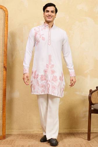 White khadi silk multi thread & sequence embroidered work kurta