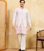 White khadi silk multi thread & sequence embroidered work kurta