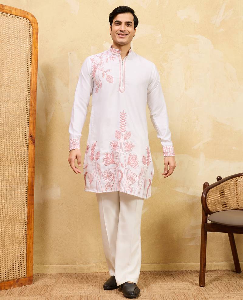 White khadi silk multi thread & sequence embroidered work kurta