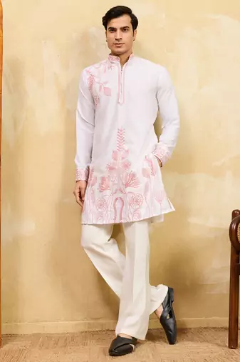 White khadi silk multi thread & sequence embroidered work kurta