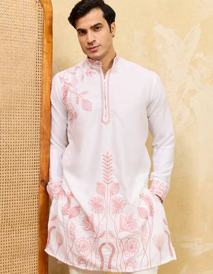 White khadi silk multi thread & sequence embroidered work kurta 3