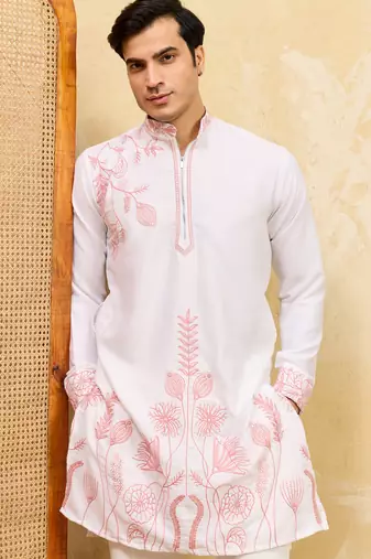 White khadi silk multi thread & sequence embroidered work kurta