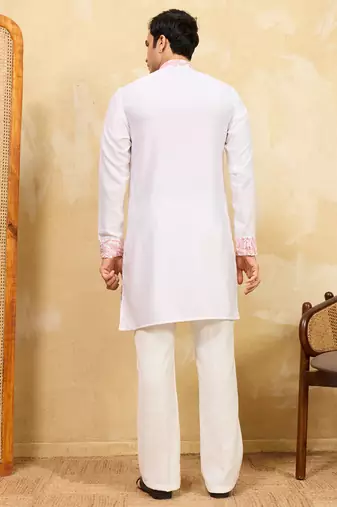 White khadi silk multi thread & sequence embroidered work kurta