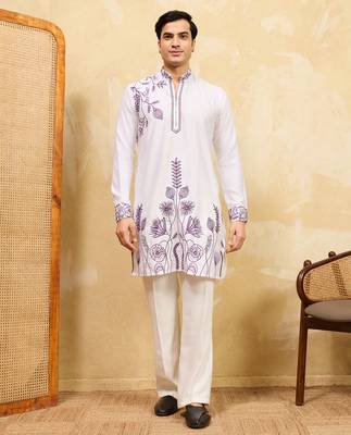 White khadi silk multi thread & sequence embroidered work kurta 1