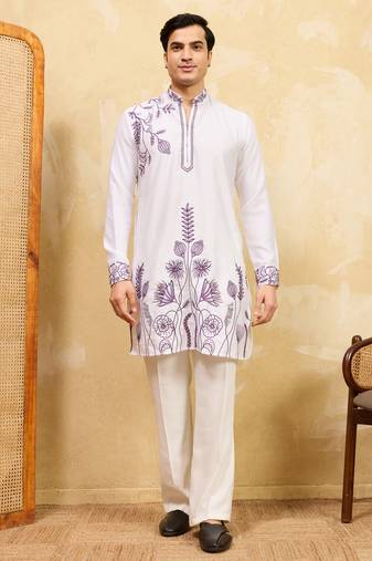 White khadi silk multi thread & sequence embroidered work kurta