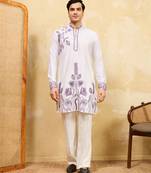 White khadi silk multi thread & sequence embroidered work kurta