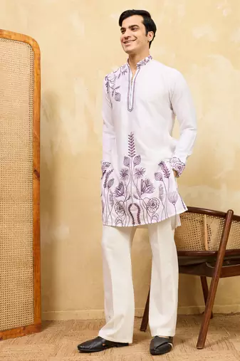 White khadi silk multi thread & sequence embroidered work kurta