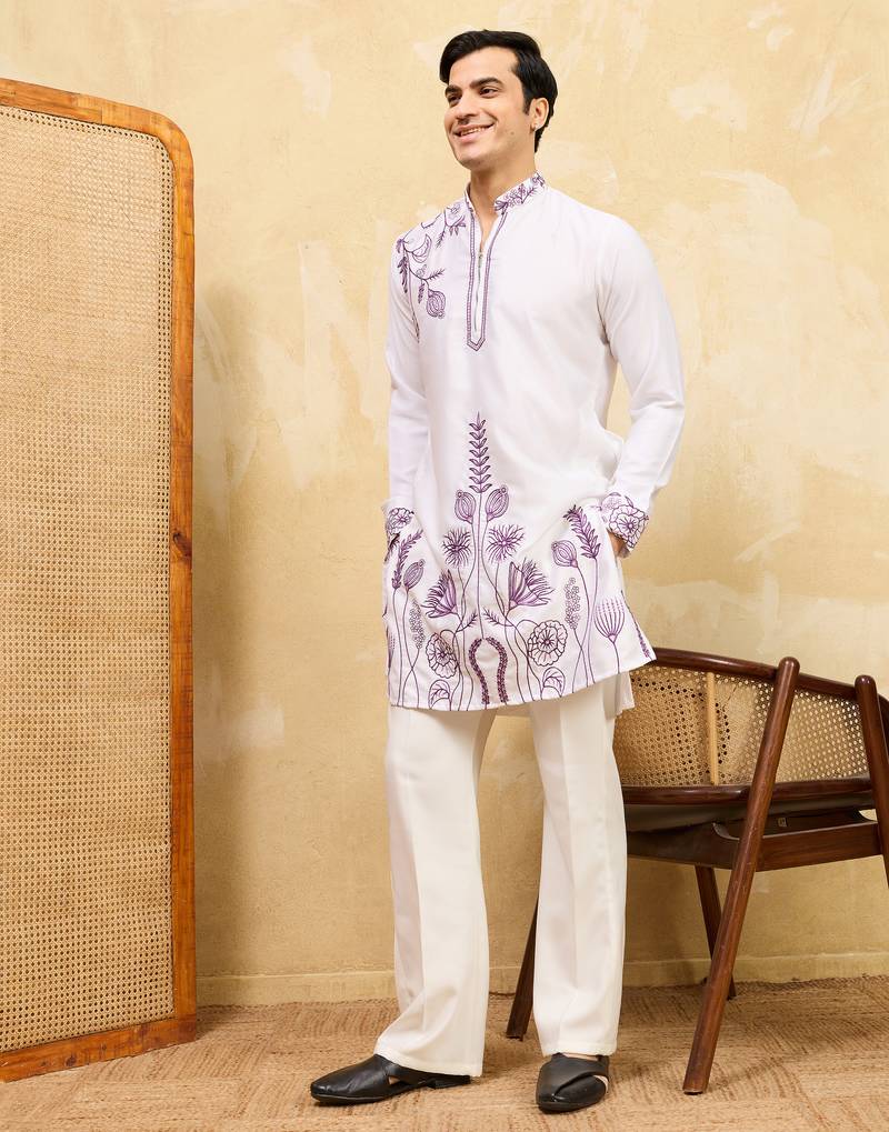 White khadi silk multi thread & sequence embroidered work kurta
