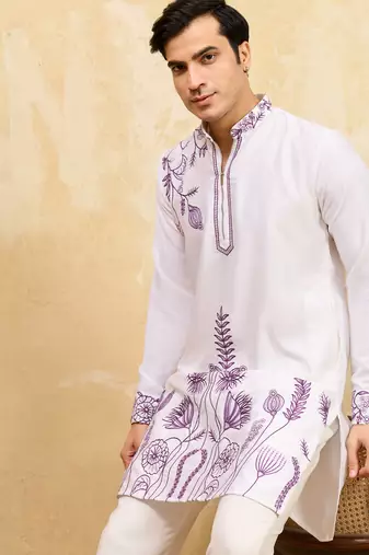 White khadi silk multi thread & sequence embroidered work kurta