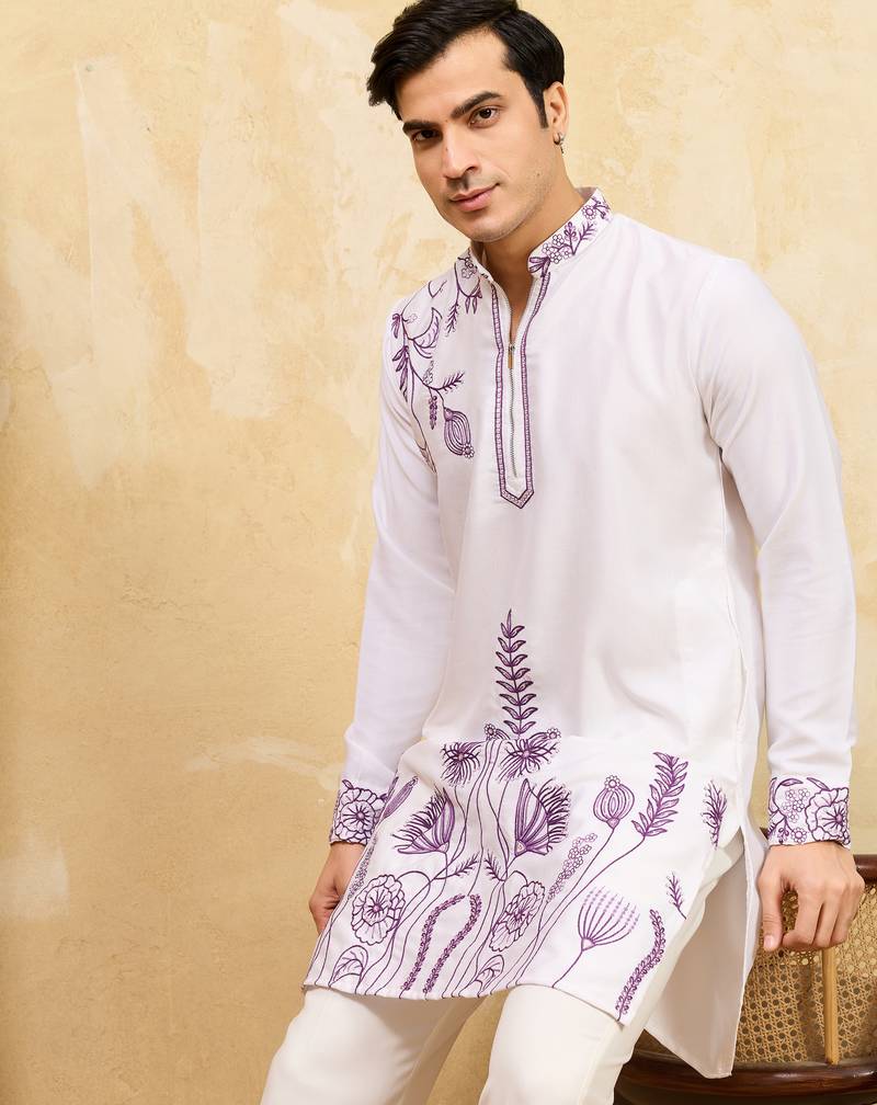 White khadi silk multi thread & sequence embroidered work kurta
