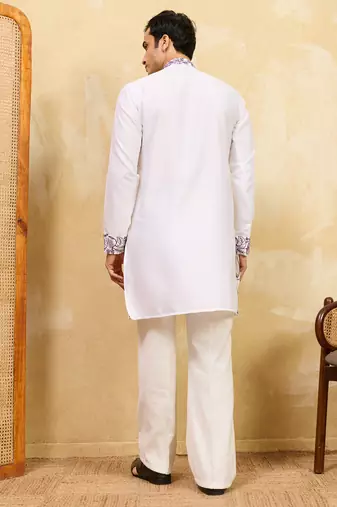White khadi silk multi thread & sequence embroidered work kurta