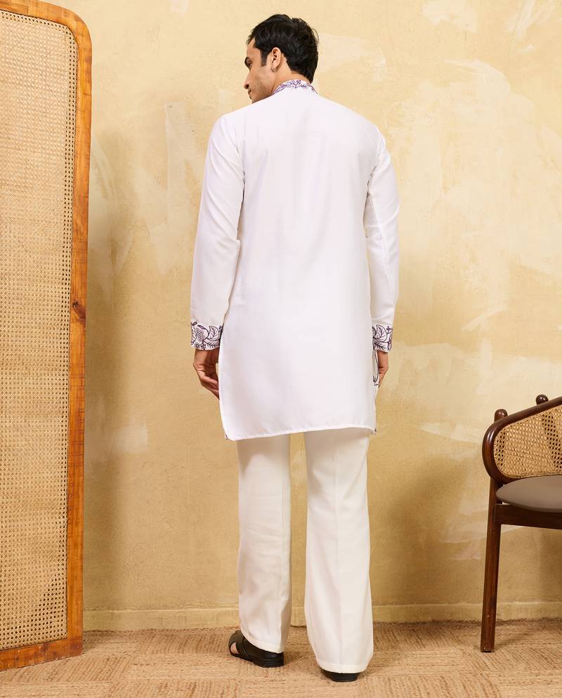 White khadi silk multi thread & sequence embroidered work kurta