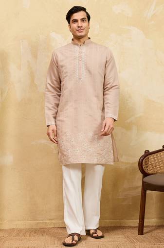 Beige viscose silk multi thread & sequence embroidered work kurta