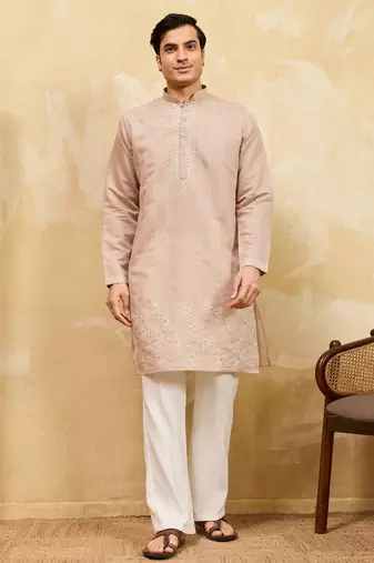 Beige viscose silk multi thread & sequence embroidered work kurta